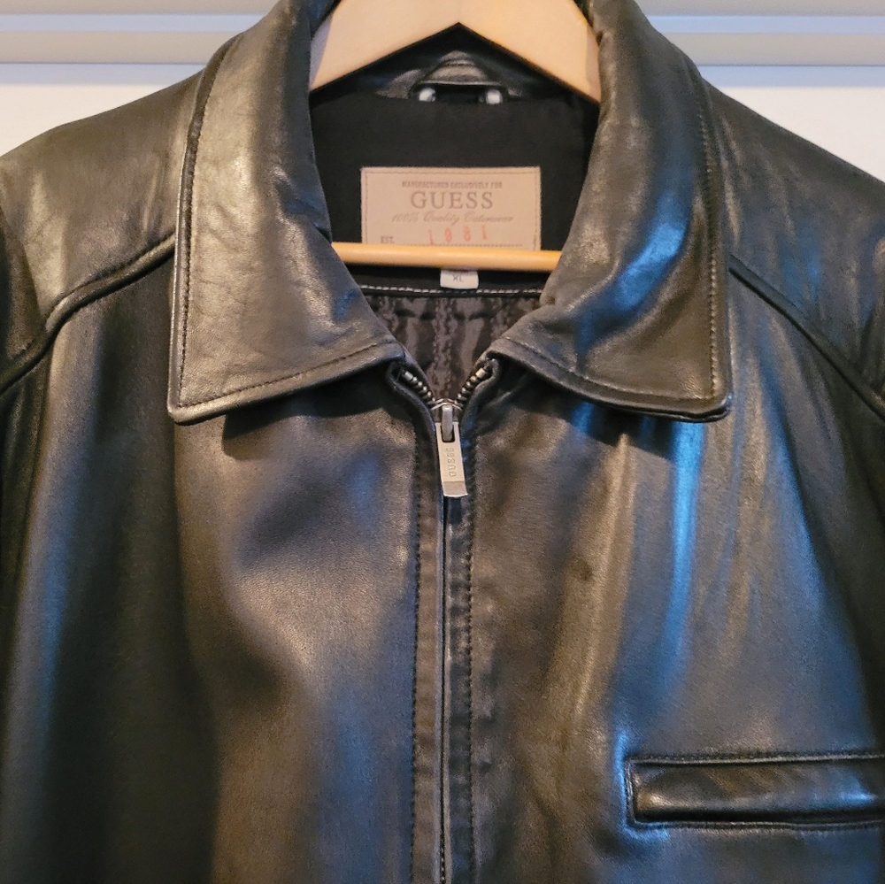 Guess Men's Black Leather Jacket size XL
